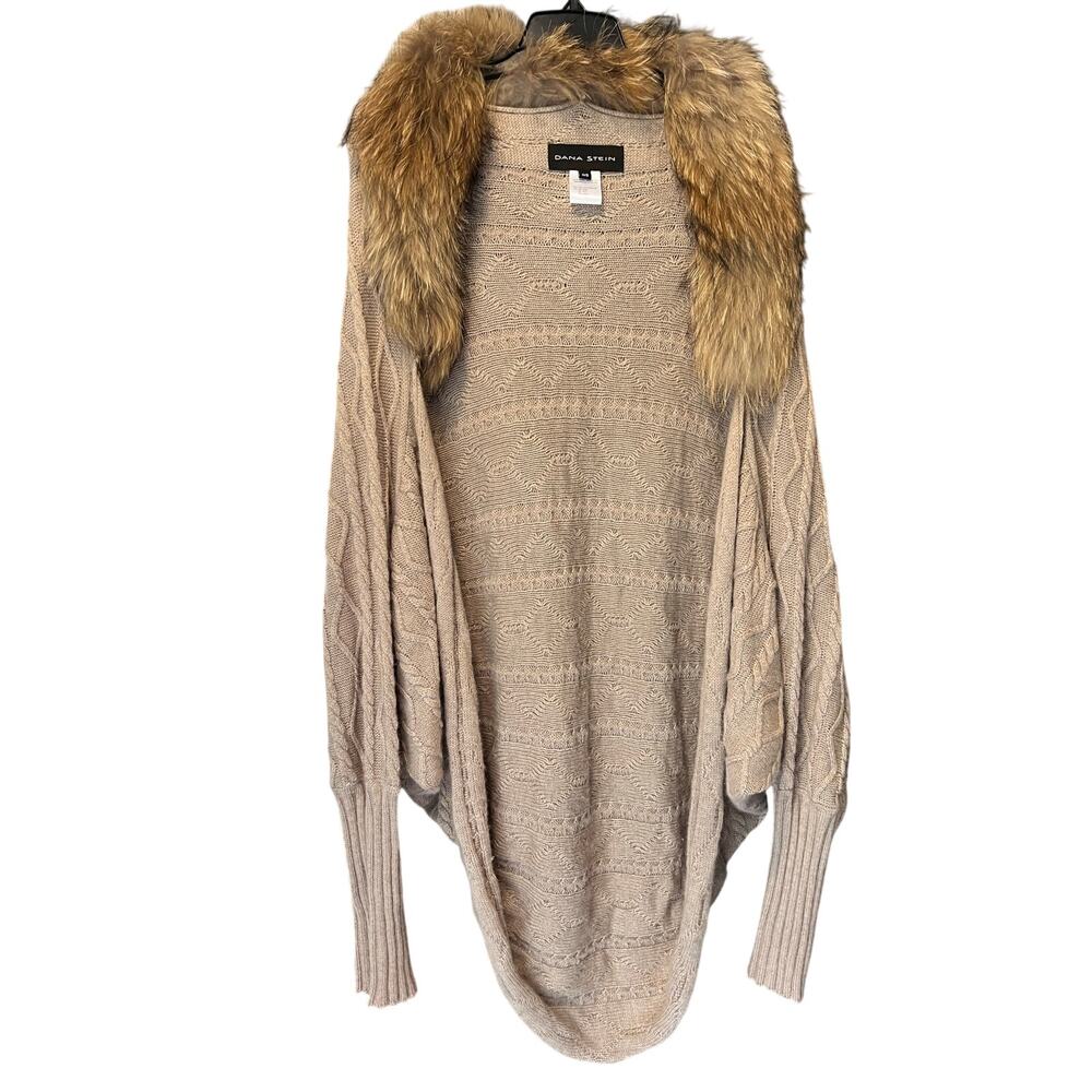 Dana Stein Open Front Cable Knit Cardigan Fur Trim One Size Tan Brown Angora